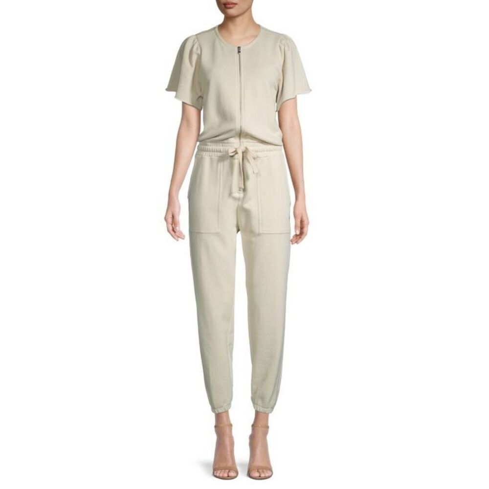 Rebecca Minkoff Beige Short-Sleeve Zip Front Jumpsuit
